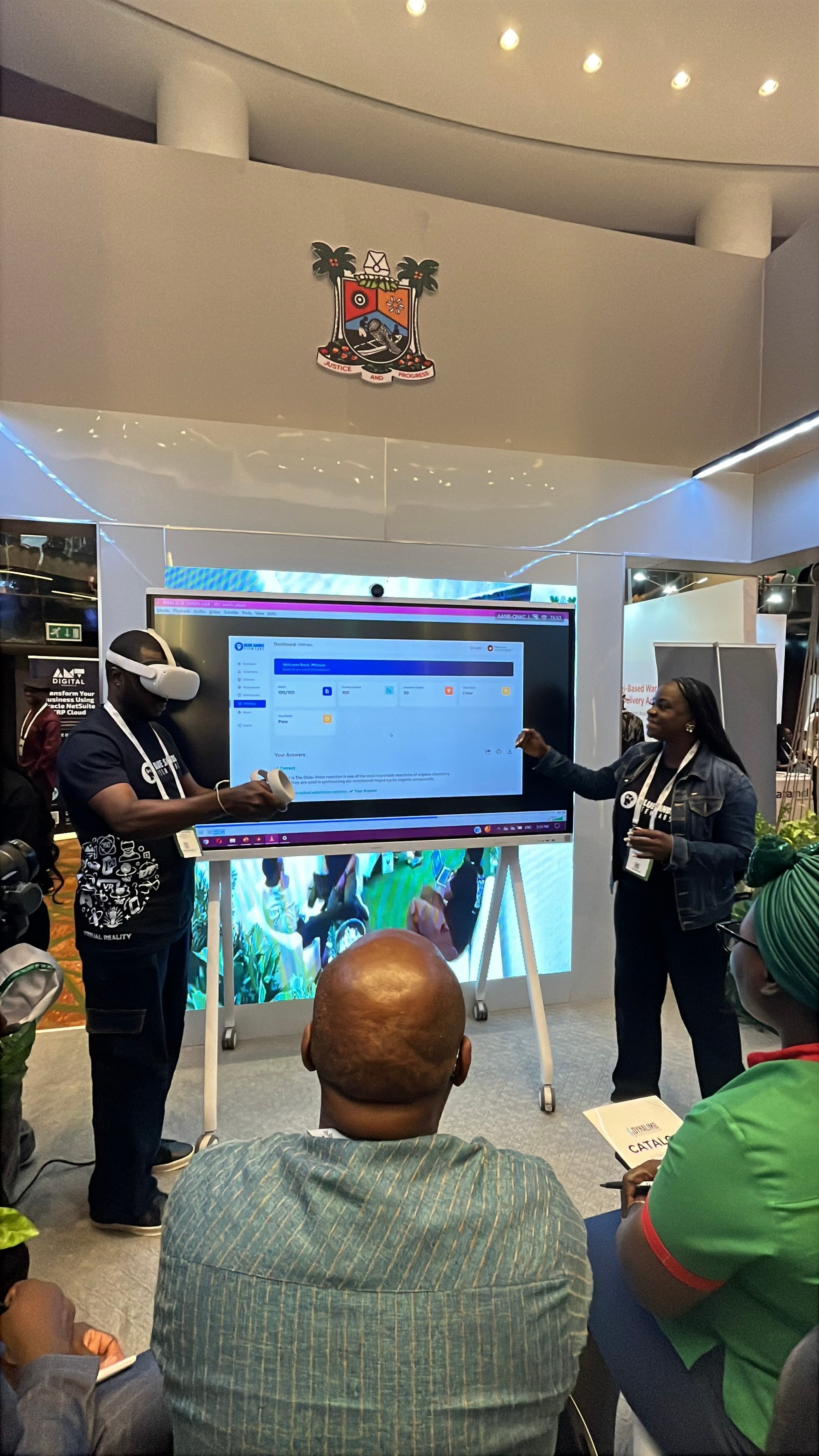 Team members working together at presentation